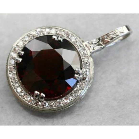 Vintage Art Deco 1930s 13.7 ct Deep Red Garnet 0.48 ct Diamond Platinum Pendant - Picture 6 of 9